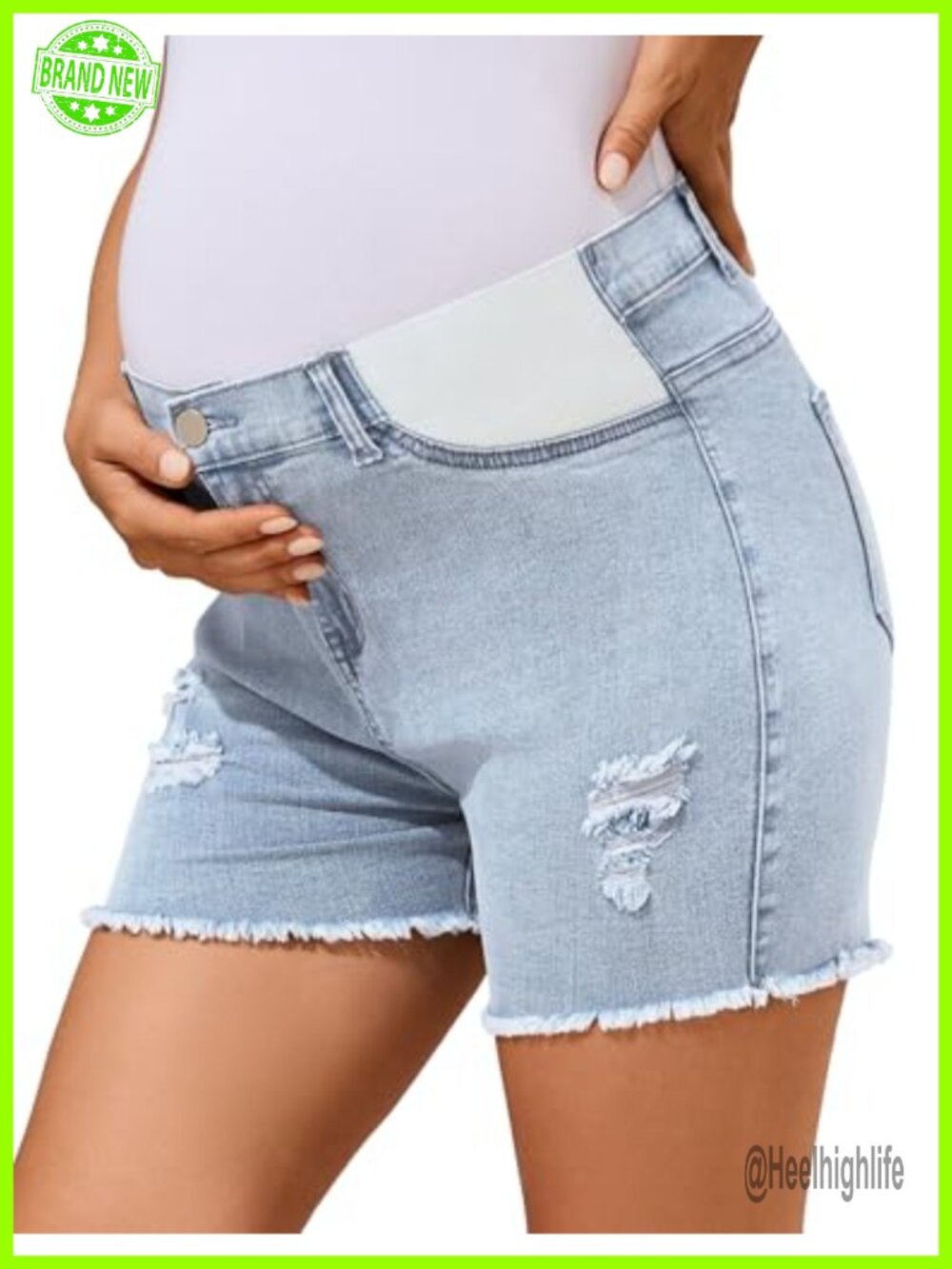 Maternity Denim Shorts Mid-Rise Stretch Adjustable Waist Frayed Hem